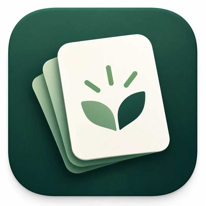 Knewly icon: a stack of flashcards with a sprouting leaf on a deep green background