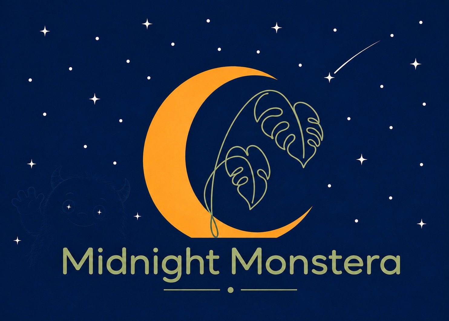 Midnight Monstera logo: a golden crescent moon, single-line monstera leaves, stars, and a subtle hidden monster