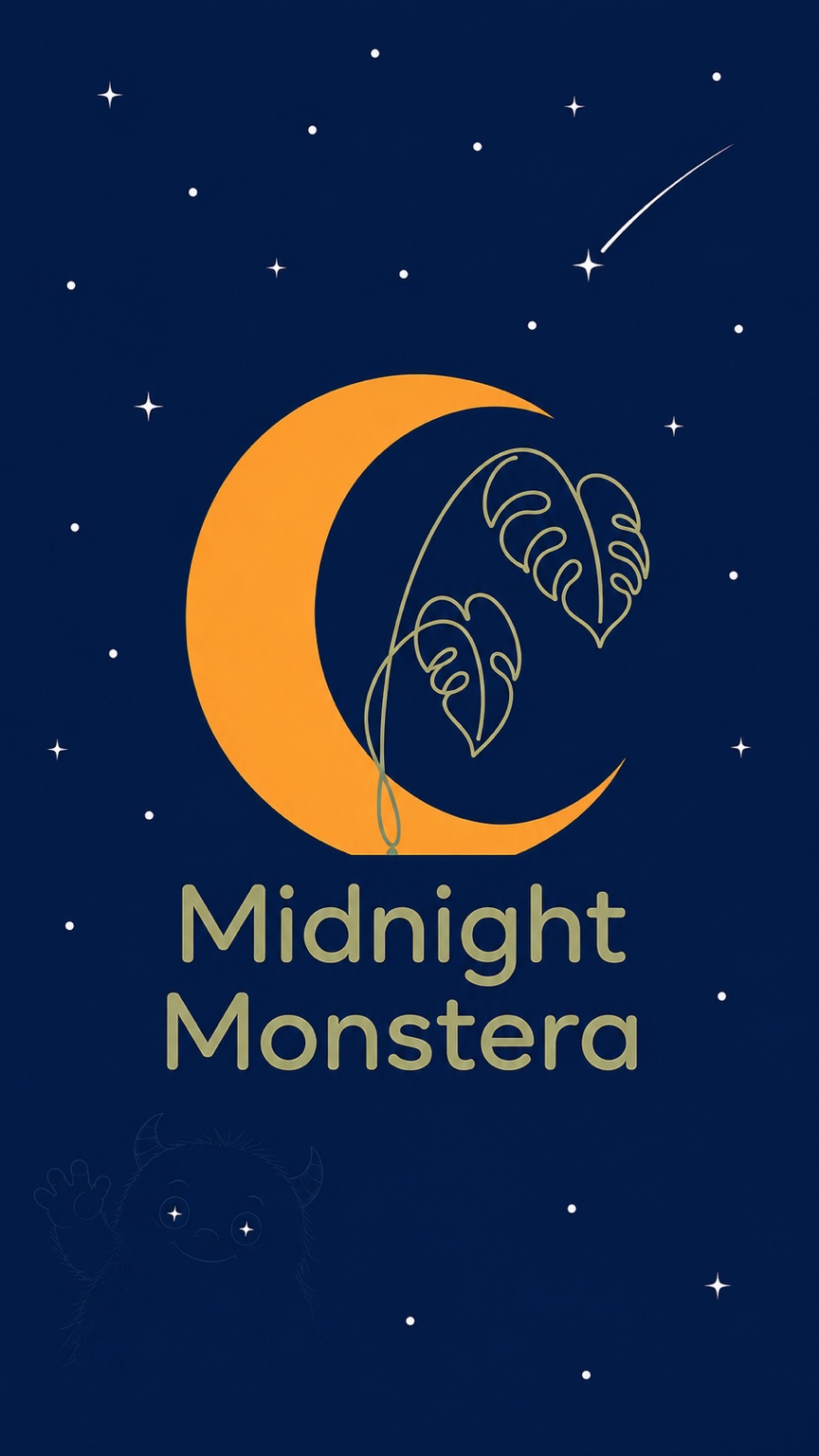 Vertical Midnight Monstera logo with crescent moon, stars, shooting star, and a subtle hidden monster