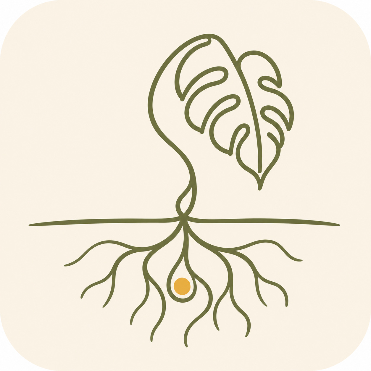 Rooted app icon: a single-line monstera plant above ground with visible roots and a gold seed